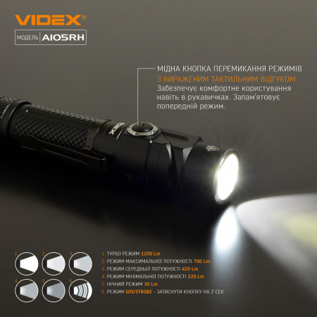 Ліхтар VIDEX VLF-A105RH 1200lm, Li-ion 2600mAh, червоне світло, тактичний корпус
