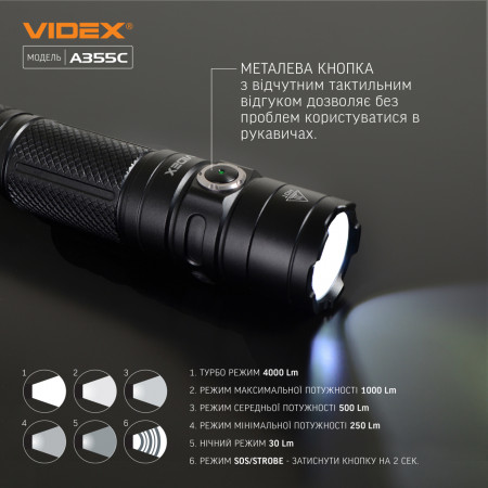 Ліхтар VIDEX VLF-A355C 4000lm, Li-ion 5000mAh, далекобійний відбивач
