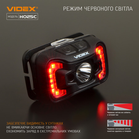 Налобний ліхтар VIDEX VLF-H025C 310lm, Li-pol 1200mAh, кілька режимів, IP65