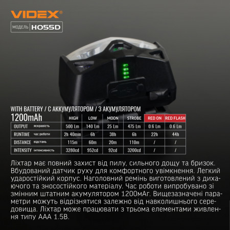 Налобний ліхтар VIDEX VLF-H055D 500lm, Li-pol 1200mAh, дальнє і ближнє світло