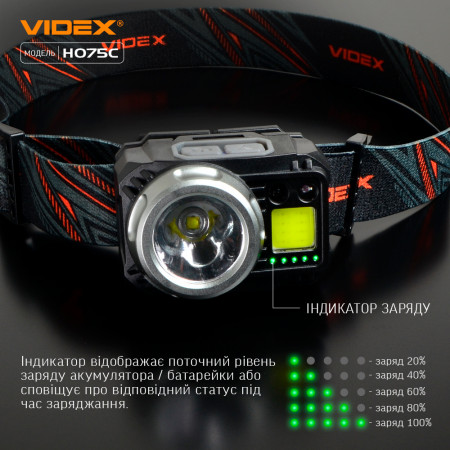 Налобний ліхтар VIDEX VLF-H075C 550lm, Li-pol 1500mAh, рівномірне освітлення, IP65