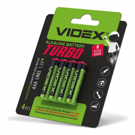 Батарейка щелочная Videx LR03/AAA Turbo 4шт blister (40/720)