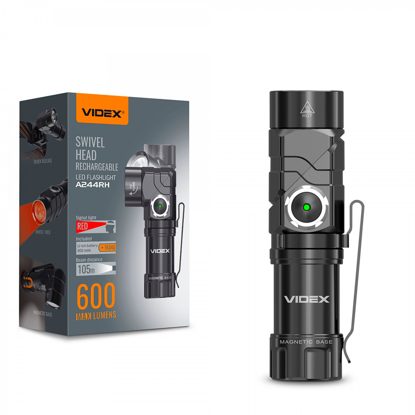 Ліхтар VIDEX VLF-A244RH 600lm, Li-ion 2000mAh, червоне світло, кліпса