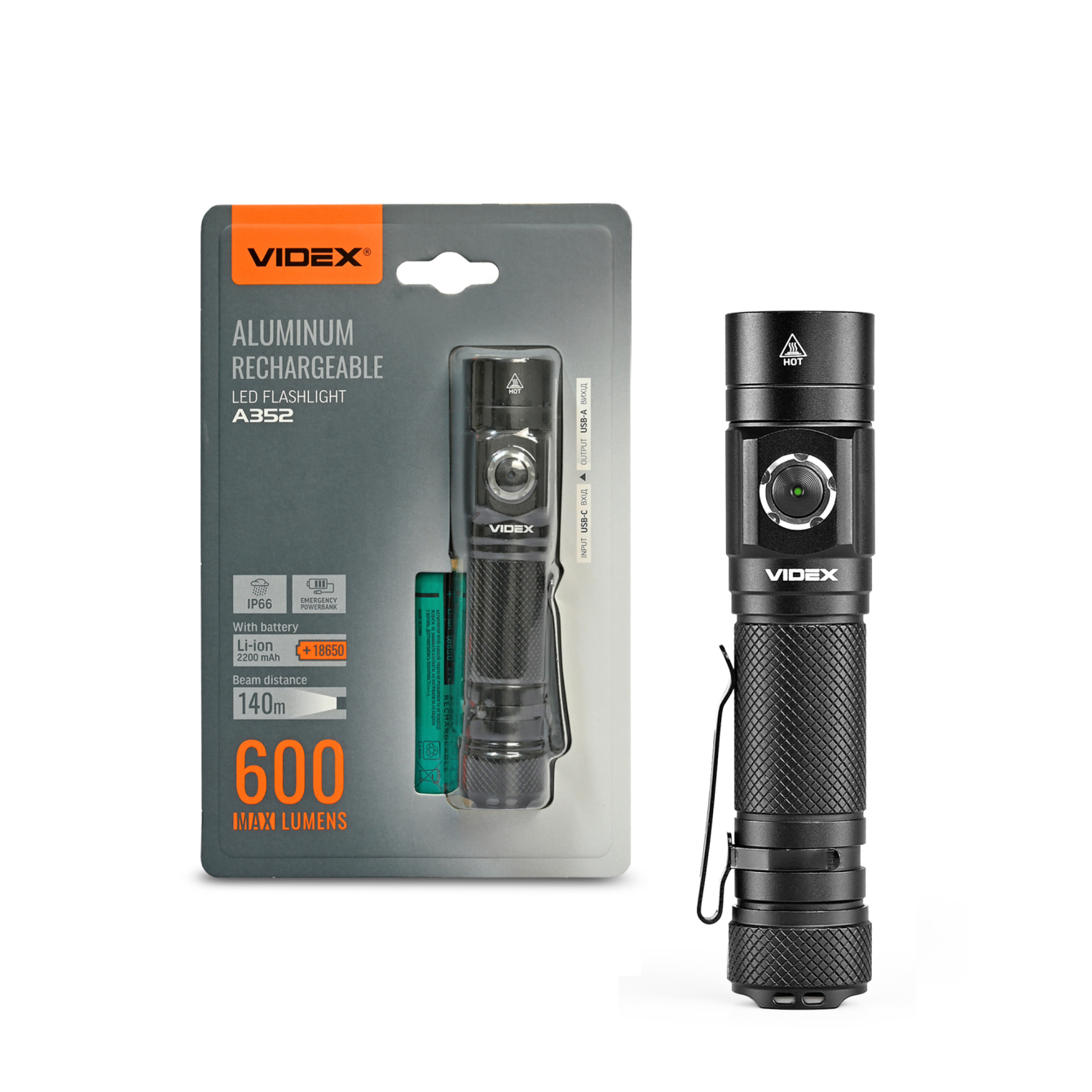 Ліхтар VIDEX VLF-A352 600lm, Li-ion 2000mAh, посилений світловий потік