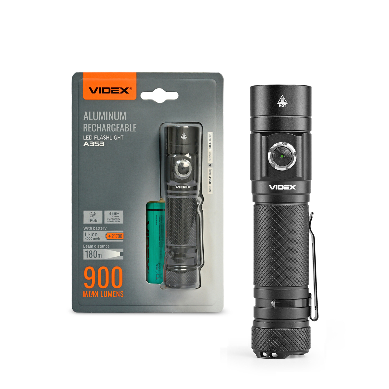 Ліхтар VIDEX VLF-A353 900lm, Li-ion 2600mAh, далекий спрямований промінь