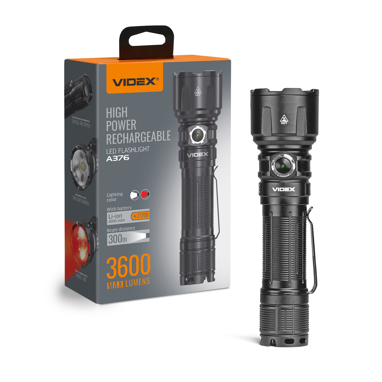 Ліхтар VIDEX VLF-A376 3600lm, Li-ion 21700 5000mAh, тактичний корпус, IP68