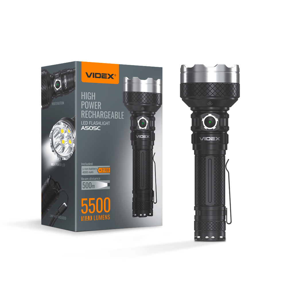 Ліхтар VIDEX VLF-A505C 5500lm, Li-ion 21700 5000mAh, максимальна яскравість