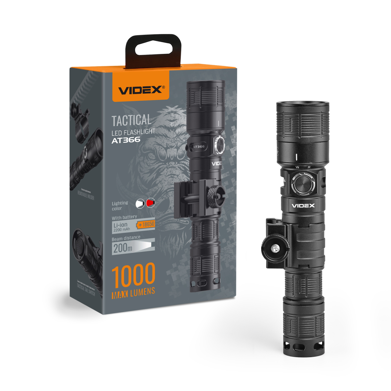 Тактичний ліхтар VIDEX VLF-AT366 1000lm, Li-ion 18650 2600mAh, компактний тактичний формат, IP67