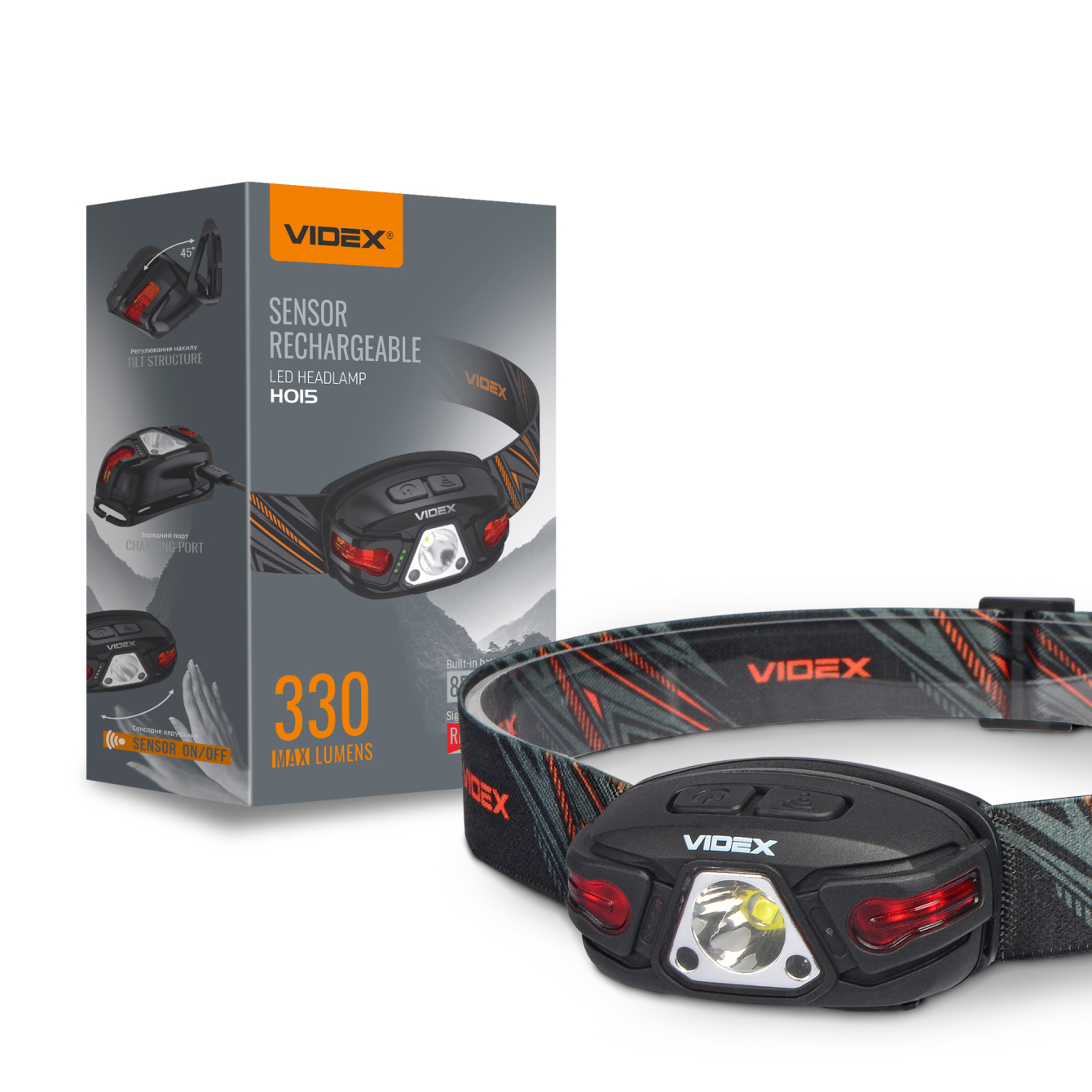 Налобний ліхтар VIDEX VLF-H015 330lm, Li-pol 1200mAh, широкий кут світла