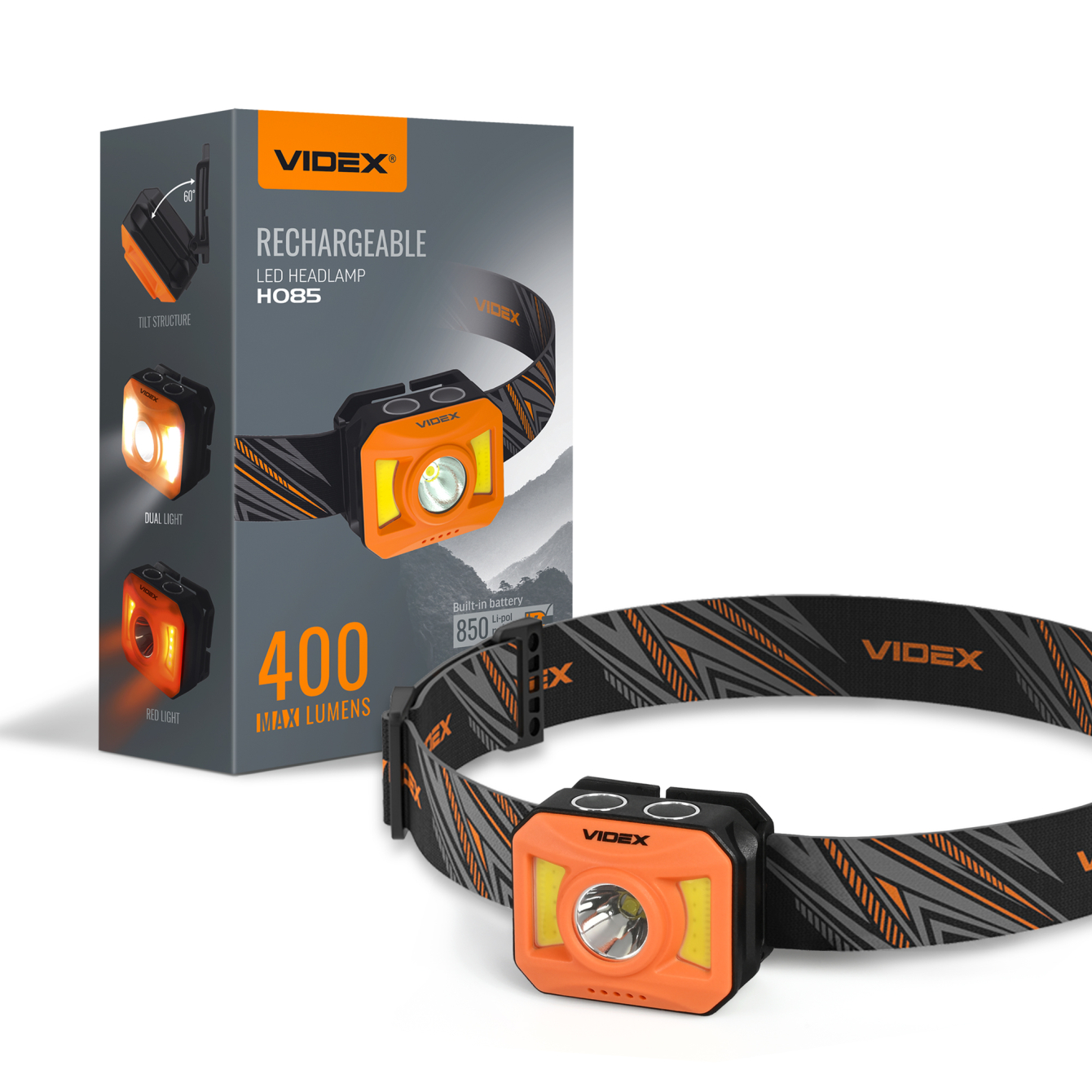 Налобний ліхтар VIDEX VLF-H085-OR 400lm, Li-pol 850mAh, нейтральний світло 5000K